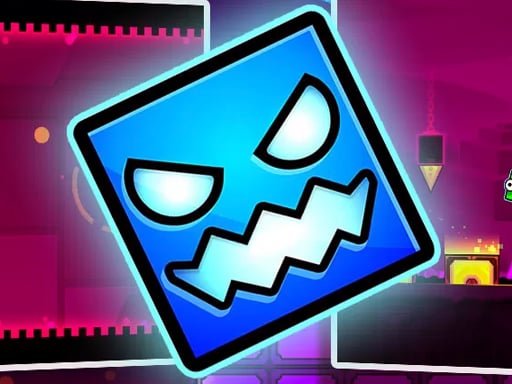 Image of a glowing blue cube with an intense, angry expression in Geometry Dash Horror. The colorful, neon-lit background adds to the eerie vibe, highlighting the spooky atmosphere of this thrilling platformer game.