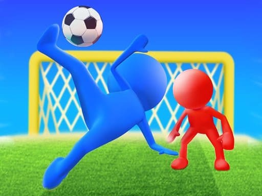 The image depicts a dynamic soccer scene featuring stick figure players. The players, rendered in a simple yet engaging cartoon style, are engaged in a fast-paced match. The focus appears to be on a goal attempt, with a player kicking the ball towards the net while the goalkeeper dives to make a save. The overall tone of the image is energetic and action-packed.