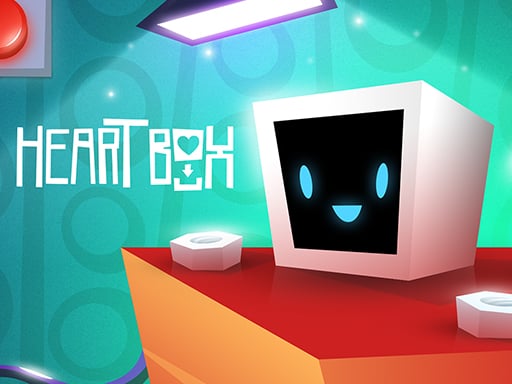 Image of a cheerful, pixelated cube with a squared-shaped screen sitting on a table in a colorful, futuristic laboratory.