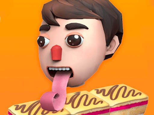 Image of a cartoon character with a long, extended tongue reaching out to a tray of delicious layered cakes, set against a bright orange background. The character's wide-eyed expression and exaggerated features add a humorous and playful touch, perfectly capturing the essence of the Perfect Tongue game.