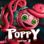 Image of a vibrant and eerie character with pink hair and wide green eyes from Poppy Playtime Chapter 3, set against a dimly lit, spooky background.