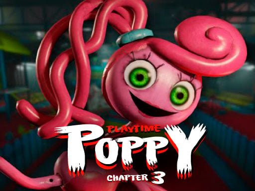 Image of a vibrant and eerie character with pink hair and wide green eyes from Poppy Playtime Chapter 3, set against a dimly lit, spooky background.