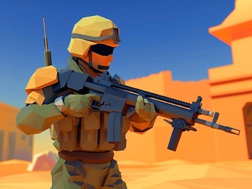 Image of a soldier in full tactical gear holding a rifle, depicted in a stylized, low-poly art style. The scene takes place in a desert-like environment with orange-hued buildings in the background, capturing the action and intensity of a mission in a combat zone. The soldier, wearing a helmet and visor, appears focused, ready to engage with enemies in a high-stakes scenario.