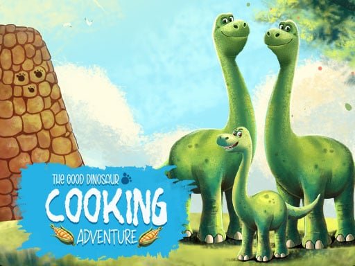 Image of Milo and Spike, two friendly dinosaurs, standing together in front of a tall stone structure in the vibrant setting of The Good Dinosaur Cooking Adventure game. The game's title is prominently displayed with corn icons, highlighting the fun culinary adventure.