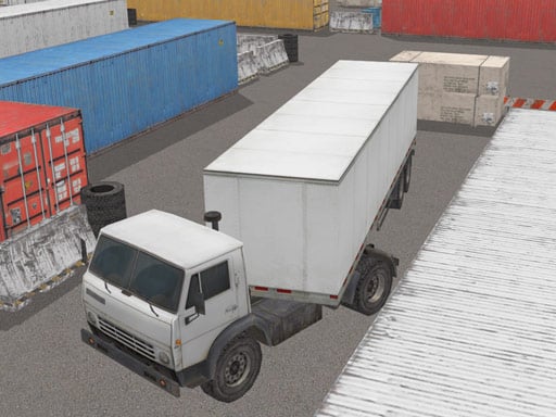 Image of a large white truck with a box trailer navigating a confined area filled with colorful shipping containers. The truck is positioned near stacks of containers, exemplifying the parking challenges in the Truck Space 2 game.