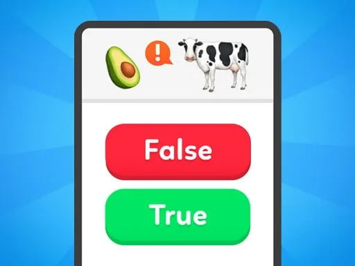 Image of a quiz game screen showing two buttons: a red "False" button and a green "True" button. Above the buttons, there's an image of an avocado, an exclamation mark, and a cow on a bright blue background.