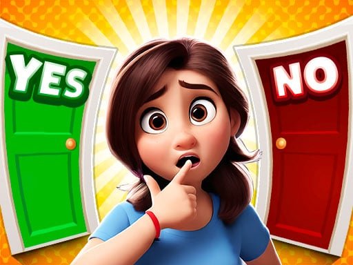 Image of a young, animated girl standing thoughtfully between two brightly colored doors. The door on the left is green with the word "YES" written in bold white letters, while the door on the right is red with the word "NO" displayed prominently. The girl's expression is one of uncertainty, as she contemplates her decision. The background features a burst of yellow light, emphasizing the game's decision-making theme.