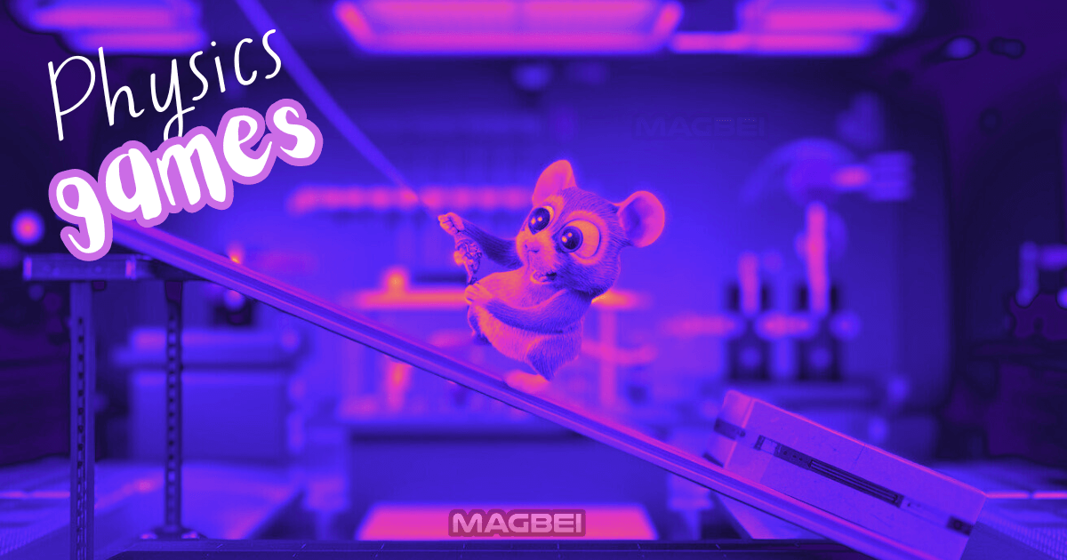 Image of a cartoon mouse sliding down a tilted plane, with the words "Physics games" written above it. The background appears to be a laboratory setting, with various scientific equipment visible. The image has a neon, futuristic aesthetic.