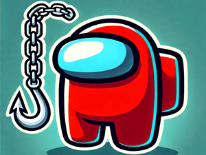 Image of a red Among Us character, also known as a crewmate, holding a hook chain. The character is standing on a green background. The hook chain is attached to the crewmate's hand and dangles down, ready to be used. The crewmate's visor is lit up blue, indicating that they are alive and well. The overall image is colorful and playful, and it suggests that the crewmate is ready to take on the impostors in the game.