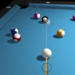 Image of a 3D pool table with a white cue ball, a red eight ball, and several other colored balls. The cue ball is positioned to hit the eight ball. A dotted line shows the intended trajectory of the cue ball.