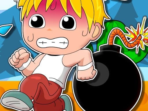 Image of a cartoon character with blond hair, red pants, and a white tank top, running away from a large bomb with a lit fuse in a colorful, outdoor setting. The character's face shows an expression of fear and urgency as the bomb is about to explode.