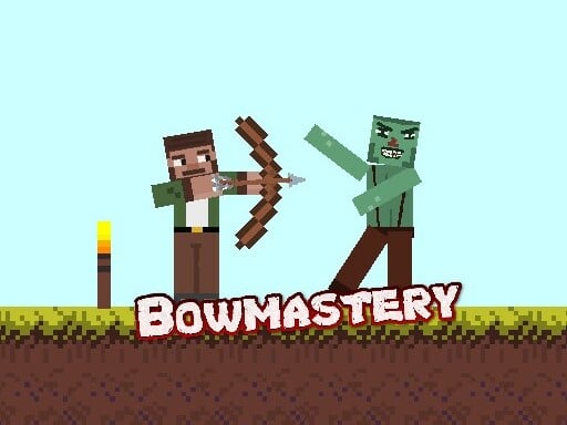 A pixelated, Minecraft-inspired character, with a determined expression, is poised to fire a wooden bow at a menacing zombie. The zombie, with its undead green skin and shambling gait, is lumbering towards the archer. The scene is set against a backdrop of a bright blue sky with fluffy white clouds, creating a stark contrast between the cheerful environment and the impending threat.