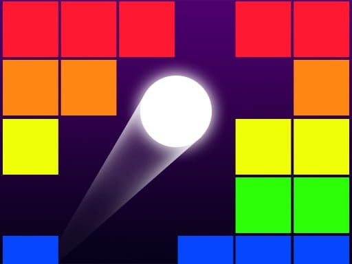 Image of a classic brick breaker game in progress. A white ball is in motion, bouncing off a paddle at the bottom of the screen and striking a row of colorful bricks arranged at the top. The bricks are various shades of red, orange, yellow, green, and blue. The background is a dark purple color.