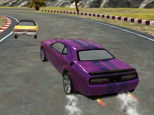 Image of a purple Dodge Challenger SRT Hellcat racing car, adorned with striking purple stripes, drifting on a curved track. The car's tires squeal and kick up smoke as it navigates the sharp bend with expert precision. In the distance, a yellow muscle car, also engaged in the race, struggles to keep up with the Hellcat's impressive speed and agility. The backdrop showcases a picturesque landscape, complete with palm trees swaying in the breeze and rolling hills in the distance. The overall scene captures the thrill and excitement of high-speed racing.