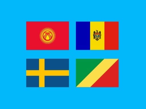 Image of four flags displayed in a grid: the flag of Kyrgyzstan, featuring a red background with a yellow sun and a circular pattern; the flag of Romania, featuring a blue background with a yellow emblem; the flag of Sweden, featuring a blue background with a yellow Nordic cross; and the flag of the Republic of the Congo, featuring a green, yellow, and red diagonal stripe.