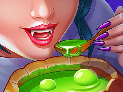 Image of a close-up of a vampire woman's face, with fangs, red lips, and purple nail polish, as she takes a spoonful of green bubbling potion from a cauldron.