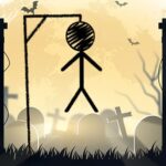 Image of a spooky stick figure hanging from a noose in a graveyard, set against a full moon with bats flying overhead. The eerie scene evokes a Halloween theme with tombstones and a haunted atmosphere.