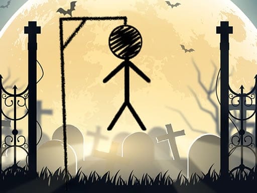 Image of a spooky stick figure hanging from a noose in a graveyard, set against a full moon with bats flying overhead. The eerie scene evokes a Halloween theme with tombstones and a haunted atmosphere.