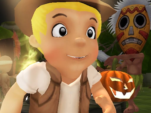 Image of a young boy with a surprised expression on his face, running away from a scary tiki mask and a jack-o'-lantern. The boy is wearing a hat and a vest, and he appears to be in a jungle setting.