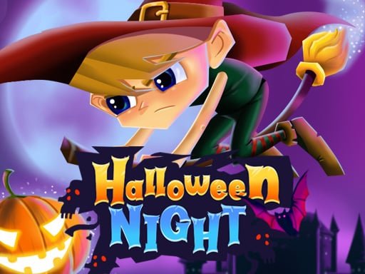 Image of a young boy dressed as a witch, flying on a broomstick through a spooky Halloween night landscape. The boy has a determined expression on his face as he navigates through a graveyard filled with tombstones and haunted houses. A large, glowing pumpkin sits on the ground below, and a full moon shines brightly in the night sky.