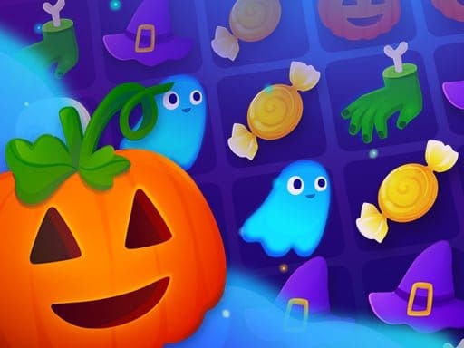 Image of a Halloween-themed match-3 game with a pumpkin, ghosts, candies, and hats on a colorful grid.