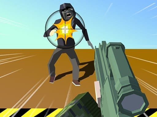 Image of a first-person shooter game where the player character aims a large, powerful gun at a menacing zombie. The zombie, wearing a hooded sweatshirt, lunges forward with a knife in hand, its eyes filled with rage. The player's gun is equipped with a scope, and a crosshair is visible in the center of the screen. A bright explosion erupts from the zombie's chest, indicating that the player has successfully fired a shot. The background is a barren desert landscape, with a yellow warning sign in the foreground. The overall atmosphere of the image is tense and action-packed, capturing the intensity of a zombie apocalypse.