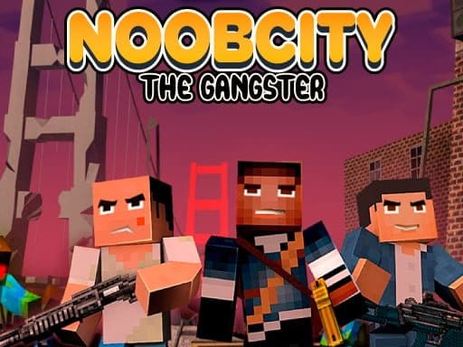 Image of three blocky, pixelated characters from the game Noob City The Gangster standing armed with weapons, against a city backdrop, with a red sky and a bridge in the distance, resembling a Minecraft-style aesthetic.