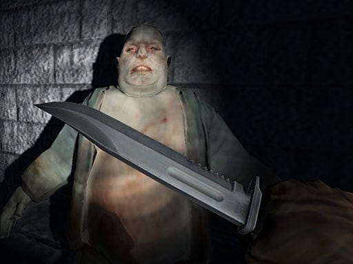 Image of a large, pale zombie facing the player in a dark, eerie corridor, with a close-up of a sharp combat knife being held in the foreground, ready for action.