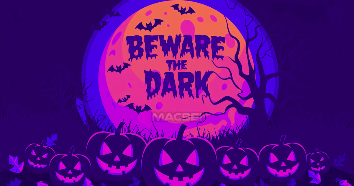 Halloween Games Image of a Halloween scene with a large, glowing orange moon in the background, surrounded by flying bats. The foreground features several carved jack-o'-lanterns with eerie grins, all illuminated in purple and pink tones. The words "Beware the Dark" are boldly displayed across the moon, adding to the spooky atmosphere.