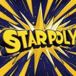 Image of Starpoly, a game title in bold, yellow letters with a starry background and a comic book-style explosion effect.