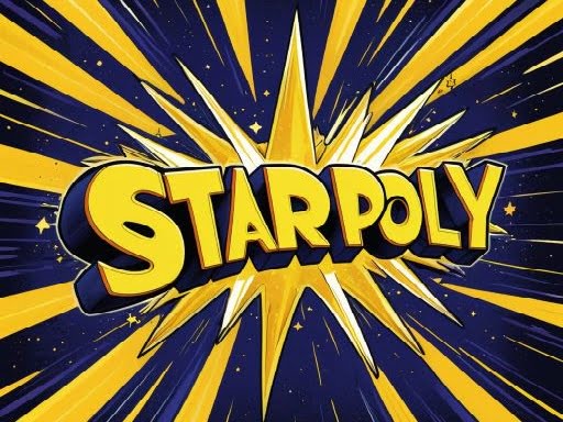 Image of Starpoly, a game title in bold, yellow letters with a starry background and a comic book-style explosion effect.