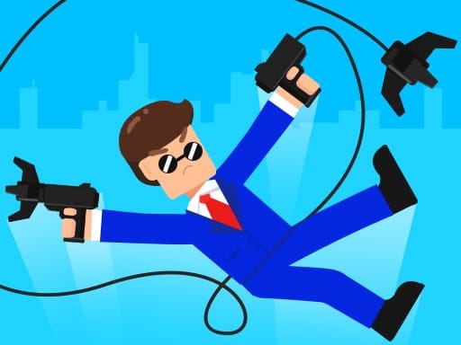 Image of a secret agent in a sleek blue suit mid-air, using dual grappling hooks to swing between buildings in a vibrant cityscape. The character is wearing black sunglasses, showcasing a cool, confident demeanor as he dodges enemies and navigates obstacles. This scene captures the action-packed puzzle gameplay of Hook Master Mafia City, where players must use quick reflexes and strategy to solve challenges, escape danger, and collect rewards, all while swinging through the urban jungle with precise grappling hook moves.