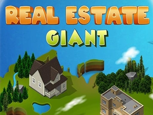 Image of a game title screen for Real Estate Giant. The title is displayed in large, colorful letters, with "REAL ESTATE" in orange and "GIANT" in yellow. The background features a cartoon-style map of a city with various properties, including a large house, a smaller house, and an apartment building. Trees, a river, and a lake are also visible on the map.