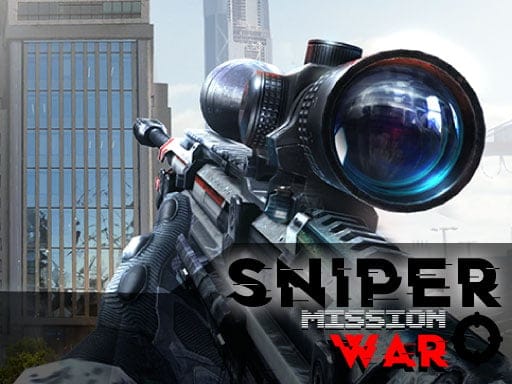 Image of a high-tech sniper rifle with a precision scope aimed towards a modern cityscape in broad daylight. The **Sniper Mission War** logo is prominently displayed, highlighting the game's urban combat setting. The detailed rifle, with its sleek design and tactical features, sits ready for action, embodying the intense **first-person shooter** gameplay. In the background, towering skyscrapers suggest a mission in a bustling city, blending tactical stealth and long-range shooting. The scene conveys a sense of urgency and strategy, as the player prepares to engage in challenging missions.