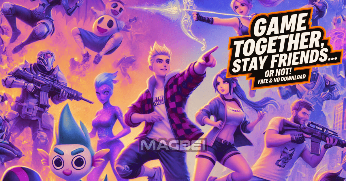 Vibrant promotional image for multiplayer games featuring diverse characters in action poses from genres like fantasy, sci-fi, and shooter, with a playful slogan 'Game Together, Stay Friends… or Not!