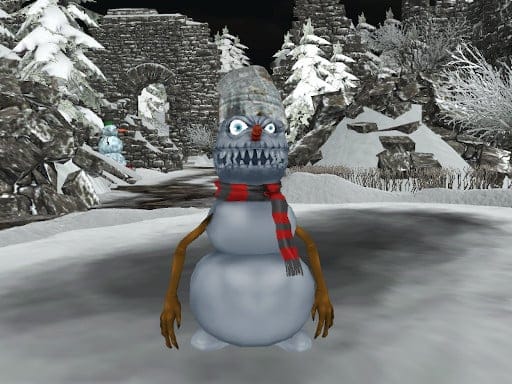 Image of a creepy snowman with sharp teeth and glowing eyes in a snowy, ruined landscape. The snowman has human-like arms and wears a red scarf.