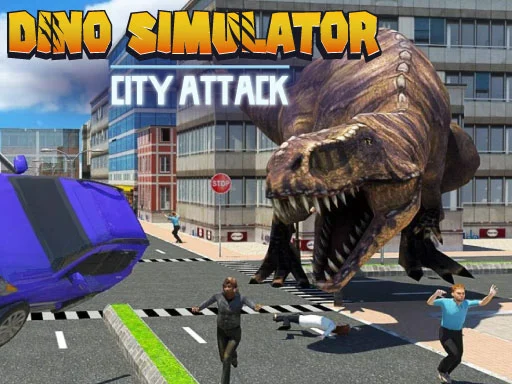 Image of a giant dinosaur chasing people and causing chaos in a modern city street. A purple car is flipped mid-air, and pedestrians are running in panic. The game title "Dino Simulator City Attack" is prominently displayed at the top.