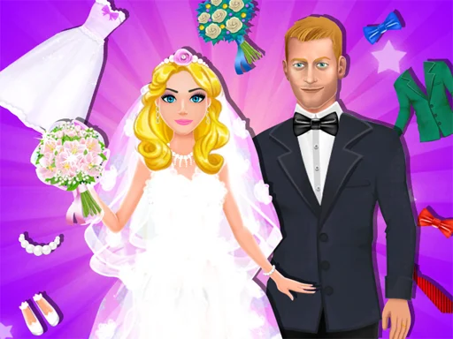 Image of a bride and groom from the Dream Wedding Planner game, featuring the bride in a white gown holding a bouquet and the groom in a black tuxedo, surrounded by wedding accessories like dresses, shoes, and flowers on a vibrant pink background.