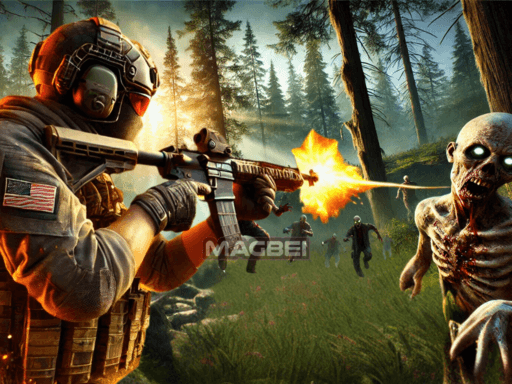 Image of a heavily armed commando in tactical gear, aiming and firing an assault rifle at a horde of advancing zombies in a dense, eerie forest. The scene captures the dramatic action, with the bright muzzle flash illuminating the chaotic battle. The setting features tall pine trees, sunlight filtering through the foliage, and multiple zombies with glowing eyes approaching menacingly in the background. The intensity and vivid detail highlight the thrilling and dangerous atmosphere of the FPS Shooting Survival Sim game.