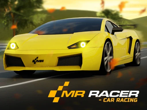 Image of a sleek yellow sports car driving on a scenic road with autumn leaves in the air, showcasing the logo of MR RACER: Car Racing.