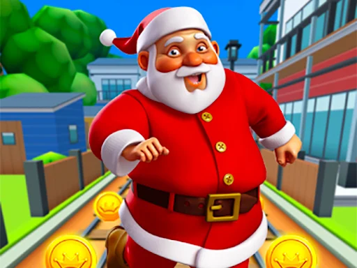 Image of Santa running on a vibrant city street surrounded by houses and trees, with golden coins scattered along the path in Santa City Run.