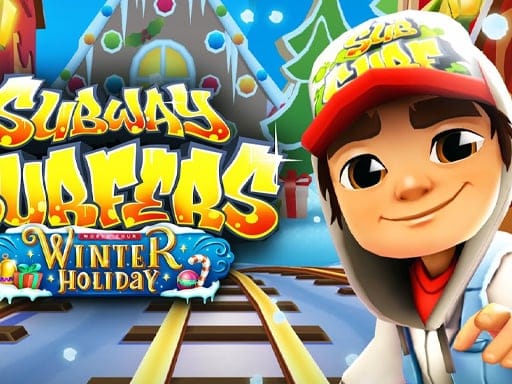 Image of a cheerful character wearing a red cap and hoodie, standing on snow-covered subway tracks with a colorful winter holiday theme in the background, featuring festive decorations and a vibrant "Subway Surfers Winter Holiday" logo.