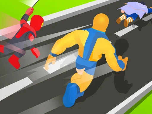 Image of superheroes racing on a vibrant road, showcasing dynamic motion and transformation with one hero in a red suit and another in yellow.