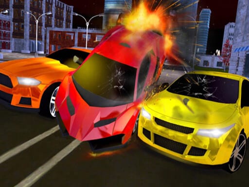 Image of three brightly colored cars colliding dramatically, with the red car at the center showing an explosion effect, set in an urban nighttime environment.