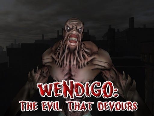 Image of a terrifying creature with sharp teeth and elongated limbs in a dark, eerie environment, representing the Wendigo: The Evil That Devours game.