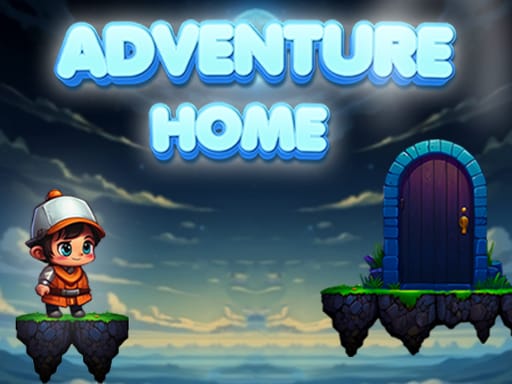 Image of the Adventure Home game thumbnail featuring a cartoon character in a hat standing on a floating platform, with a glowing door on another platform in the background, set against a cloudy sky.