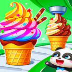 Image of Baby Panda Drink Bar featuring a happy panda gazing at colorful ice cream cones with swirls of vibrant toppings on a conveyor belt.