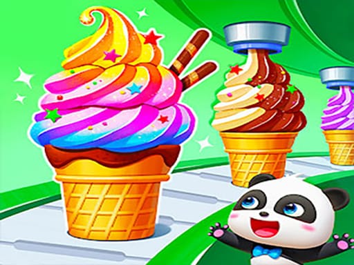 Image of Baby Panda Drink Bar featuring a happy panda gazing at colorful ice cream cones with swirls of vibrant toppings on a conveyor belt.