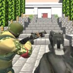 Image of two pixelated soldiers dressed in combat gear, with one aiming a shotgun and the other pointing a handgun, as they approach a wide staircase made of stone blocks. The staircase leads to a building with a red door, surrounded by lush green trees and foliage, creating a vibrant and immersive blocky environment.