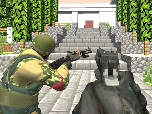 Image of two pixelated soldiers dressed in combat gear, with one aiming a shotgun and the other pointing a handgun, as they approach a wide staircase made of stone blocks. The staircase leads to a building with a red door, surrounded by lush green trees and foliage, creating a vibrant and immersive blocky environment.